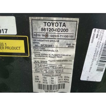 Recambio de sistema audio / radio cd para toyota yaris (ksp9/scp9/nlp9) básico referencia OEM IAM 861200D200 1220007110B101 