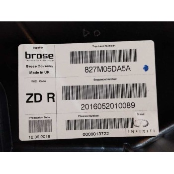 Recambio de elevalunas trasero derecho para infiniti qx30 2.2 diesel cat referencia OEM IAM 827205DM0A SIN MOTOR 