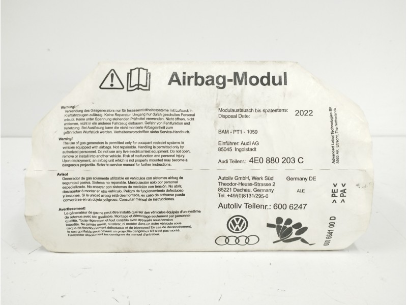 Recambio de airbag delantero derecho para audi a8 (4e2) 3.0 v6 24v tdi referencia OEM IAM 4E0880203C Recambio de airbag delantero derecho para audi a8 (4e2) 3.0 v6 24v tdi referencia OEM IAM 4E0880203C