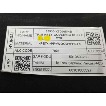 Recambio de bandeja trasera para hyundai i10 iii (ac3, ai3) 1.2 mpi referencia OEM IAM 85930K7000  