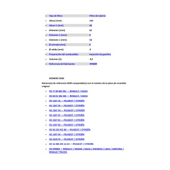 Recambio de filtro gasolina para para varios modelos referencia OEM IAM 9F0009  